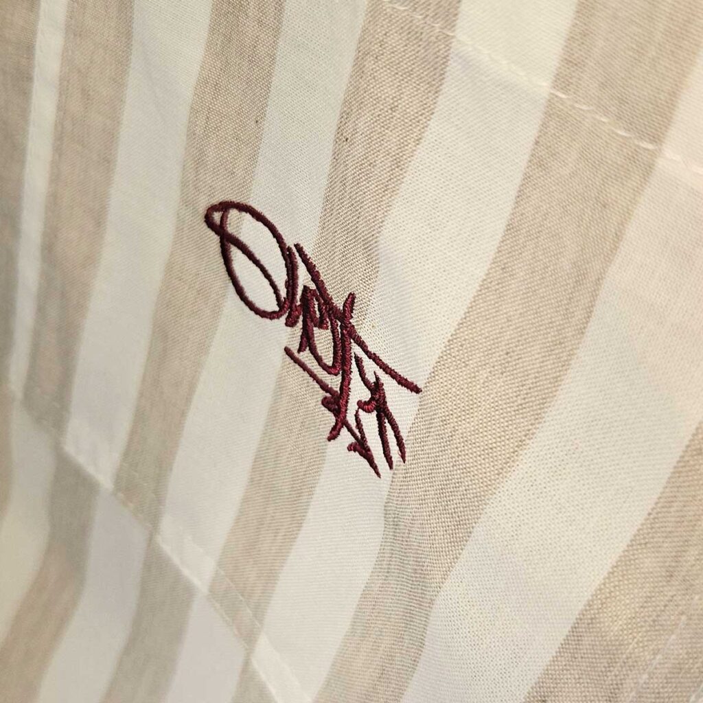 brown striped button-down shirt with embroidered tag logo – ohet clothing